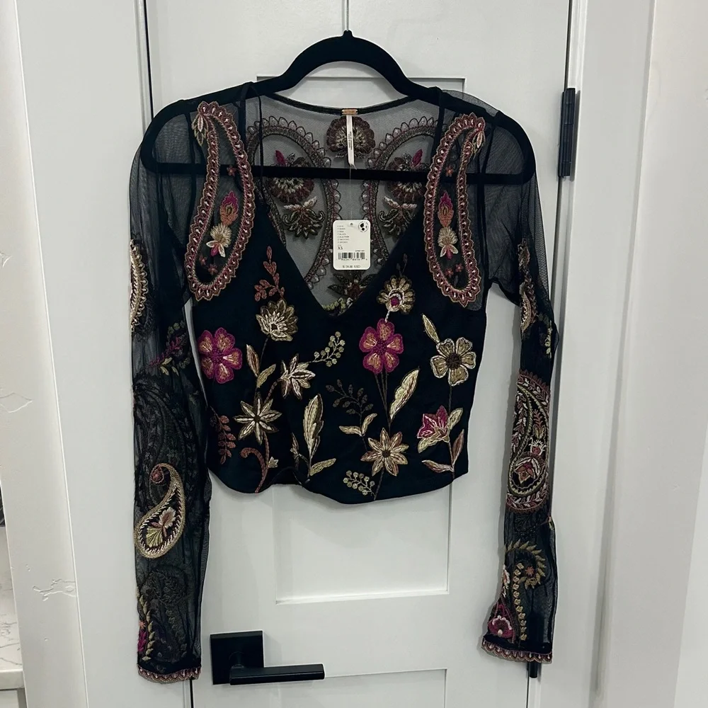 Free People Black Mesh Top with Floral Embroidery - Picture 1 of 1